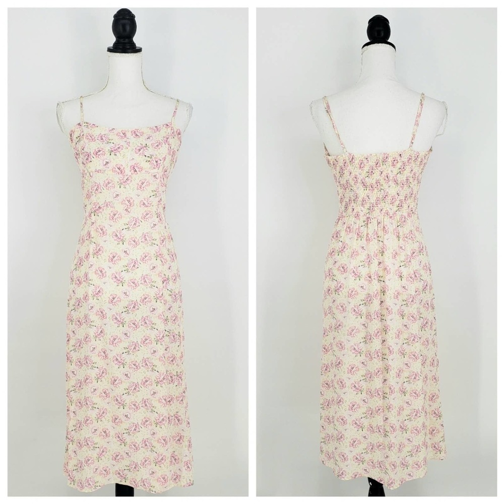 INTERMIX Cream Midi Dress with Pink Floral Print